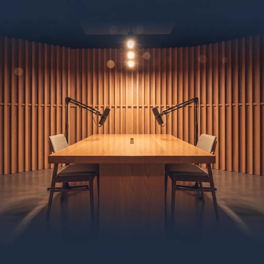 Professionele podcaststudio met houten lamellenwand en microfoons