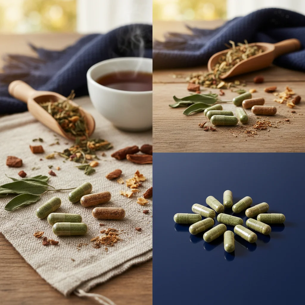 Plantaardige capsules en kruidenthee op linnen ondergrond
