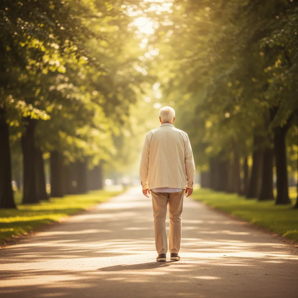 Anonieme man van achteren wandelend in een park als onderdeel van actieve levensstijl