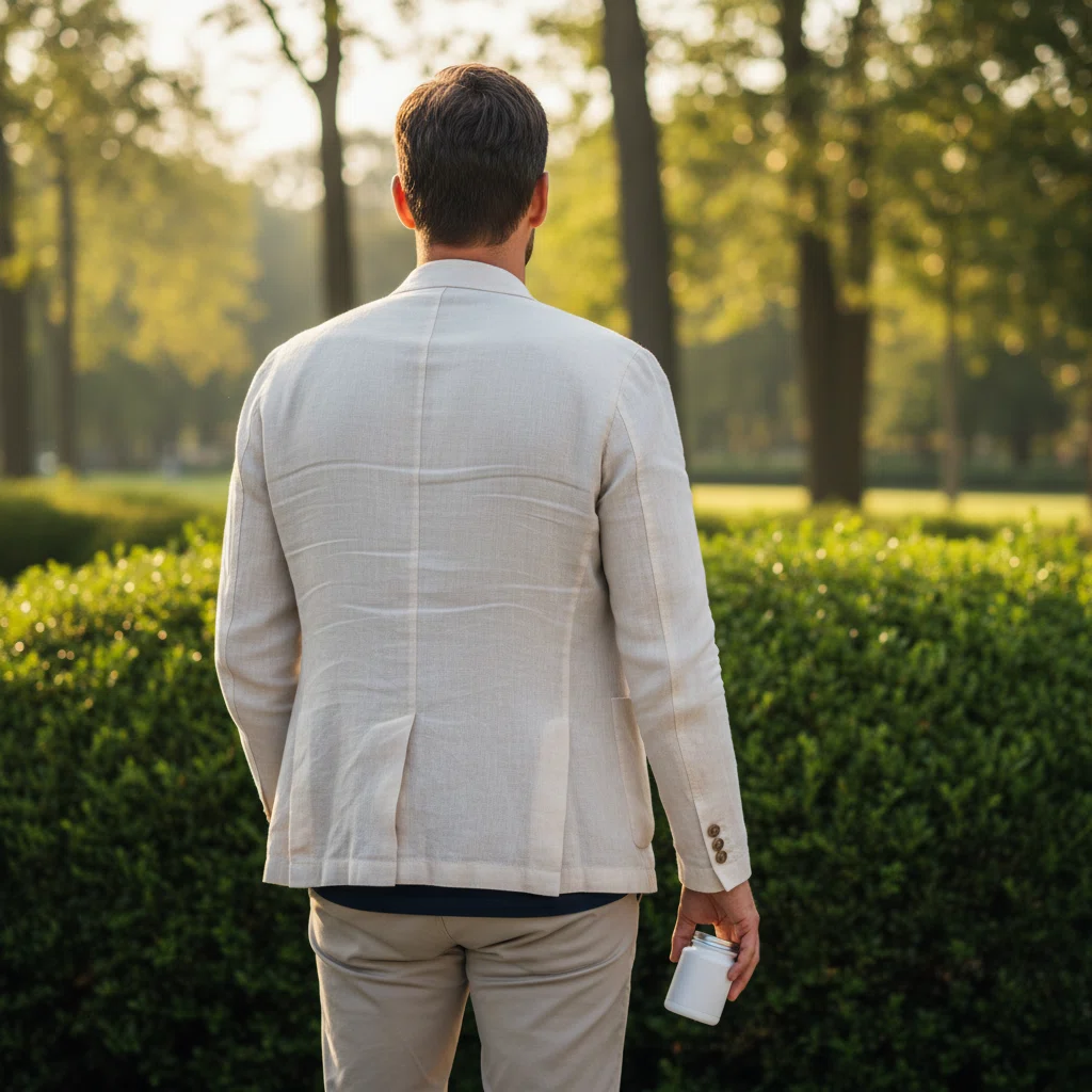 Man van achteren in een park met een pot voedingssupplement